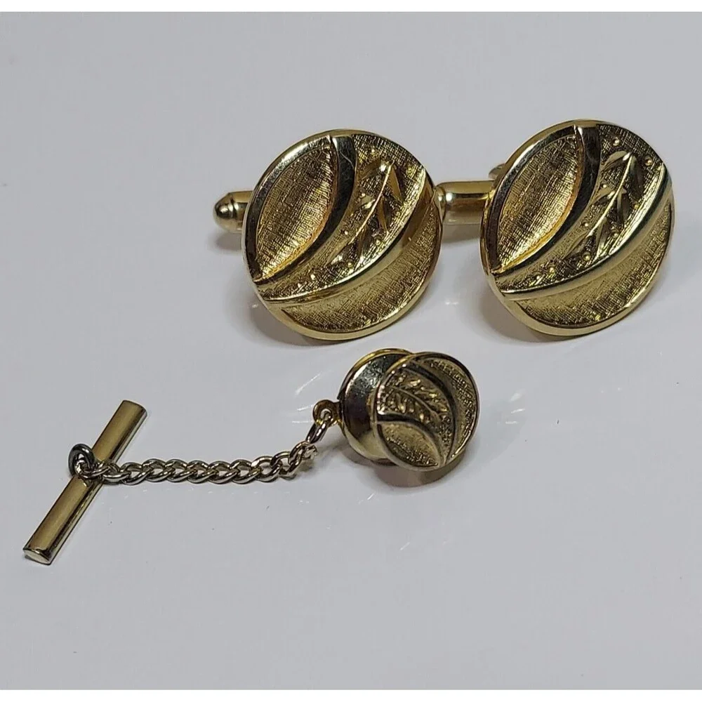 SET Cuff links Tie Tac Brushed with leaf pattern 3/4